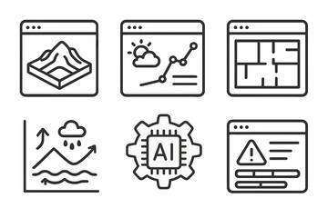 Simulation Software Icons. Line style icons of simulation and planning software: 3D terrain simulator, climate model dashboard,