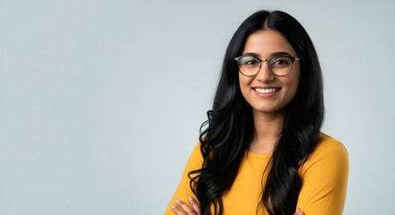 Young woman with dark hair and glasses smiling confidently