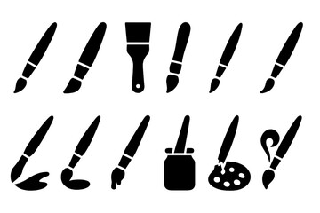 Paintbrush Icon Set. Solid style icons of Paint brushes: simple paint brush, angled brush, flat brush, round brush, thick brush,