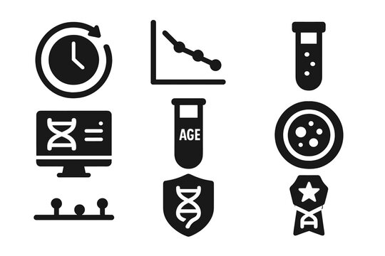 Age Biomarker Icons. Solid style icons of age biomarker tracking: epigenetic clock icon, methylation graph, blood panel chart. Age