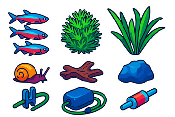 Aquarium Life Icons. Isometric vector illustration set Aquarium life – neon tetra school, Java moss, ondinea grass; glass snail,