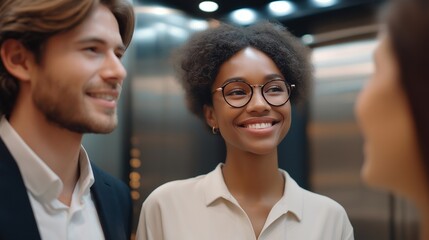 Several coworkers chatting casually while waiting for the elevator, highlighting social communication, human connection, and the informal moments of interaction in professional settings. cinematic