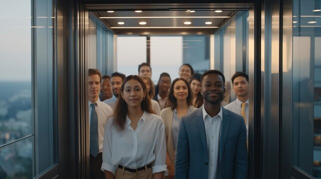 A diverse group of office employees standing together in a modern glass elevator, representing corporate culture, teamwork, professional attire, and daily workplace interactions in a business