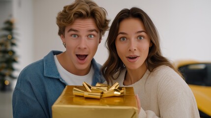 A young couple reacting with excitement as they discover a car wrapped as a gift, representing romance, surprise, and emotional connections during celebrations. cinematic color correction, gentle