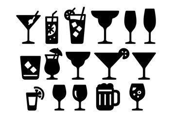 Cocktail Icons Collection. Solid style icons of cocktail drinks: martini glass, mojito glass, margarita glass, champagne flute,