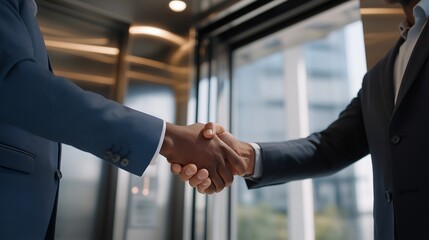Two business partners shaking hands as elevator doors open, highlighting partnership, collaboration, opportunity, and the beginning of a productive meeting. cinematic color correction, gentle