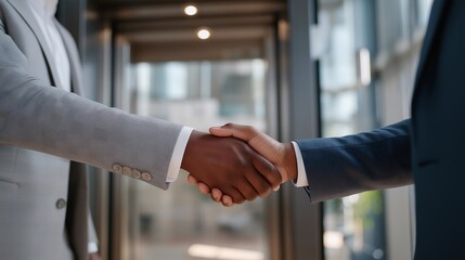 Two business partners shaking hands as elevator doors open, highlighting partnership, collaboration, opportunity, and the beginning of a productive meeting. cinematic color correction, gentle
