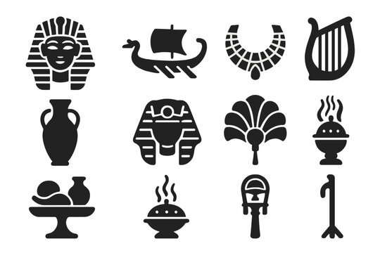 Egyptian Culture Icons. Solid style icons of Egyptian culture: festival mask, ceremonial boat, golden jewelry, musical instrument,