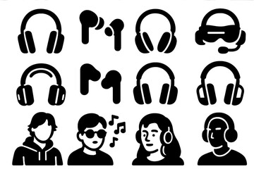 Trendy Headphones Icon Set. Solid style icons of fashion and lifestyle: stylish headphones, trendy earbuds, retro headphones,