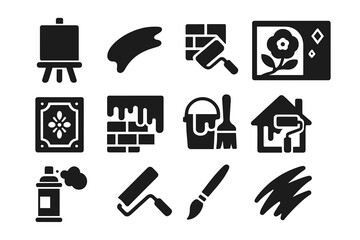 Artistic Painting Icons. Solid style icons of Painting: canvas on easel, brush stroke, wall painting, mural design, decorative