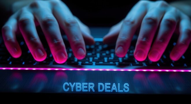 Hands typing on a neon laptop keyboard with glowing cyber deals text. Online shopping and e-commerce promotion concept for Black Friday or Cyber Monday sales