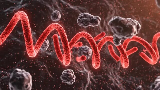 Red Spiral Shaped Bacteria in a Dark Medical Environment