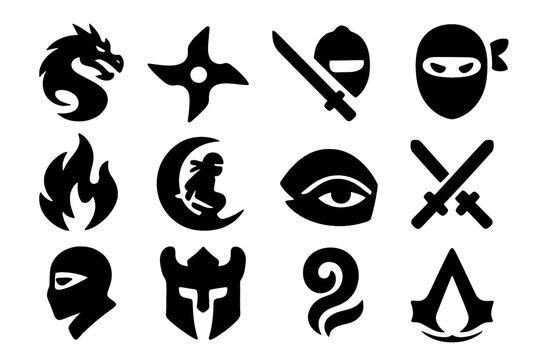 Ninja Symbols Collection. Solid style icons of symbols: dragon emblem, shuriken emblem, katana emblem, ninja mask emblem, shadow