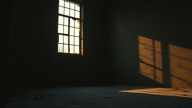 oligarchy. Urban ruin at dusk with soft light through a broken window onto a dusty floor. real-estate listings.