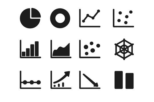 Solid Chart Icons. Solid style icons of charts: pie chart, donut chart, line chart, scatter plot, histogram, area chart, bubble
