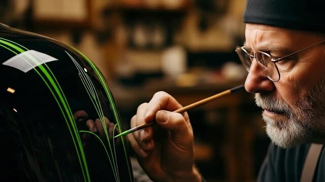Focused senior artist carefully hand painting custom green pinstripes on motorcycle fuel tank