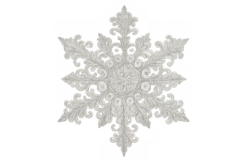 White ornate baroque snowflake ornament design with intricate filigree details and winter decoration on transparent background