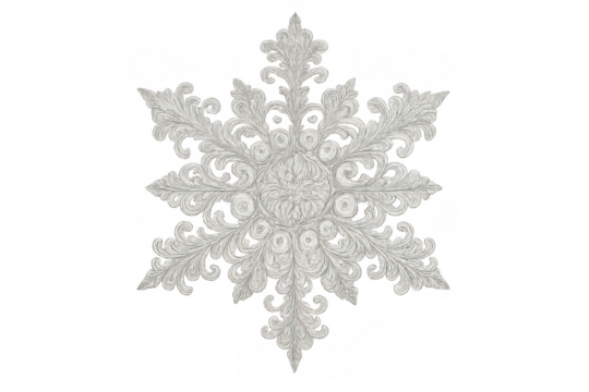 White ornate baroque snowflake ornament design with intricate filigree details and winter decoration on transparent background
