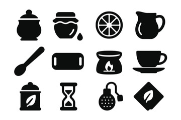 Tea Accessories Icons. Solid style icons of Tea accessories: sugar bowl, honey jar, lemon slice, milk jug, stirring spoon, tea