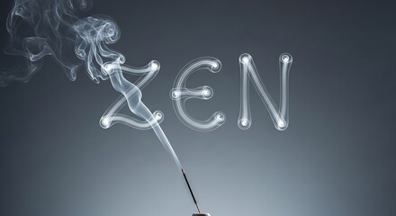 An incense stick burns, releasing smoke that forms the word "ZEN" in glowing letters against a dark gray background.