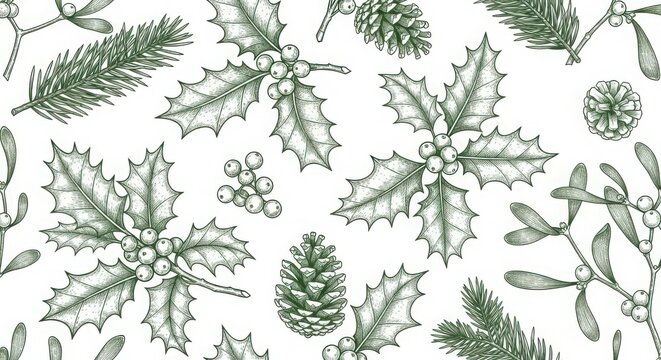 Illustration of christmas greenery with holly mistletoe pine and pine cones on a white background