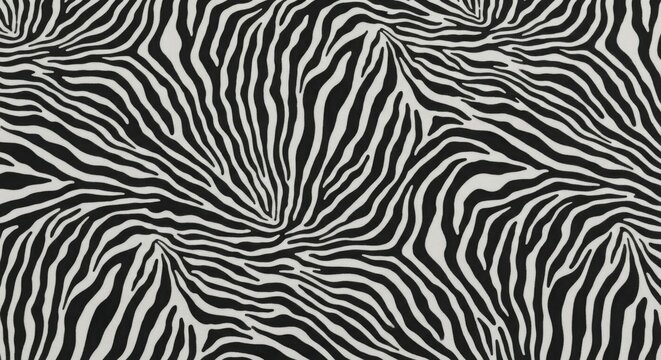 Close up of a black and white zebra print pattern with curved lines and a textured appearance overall