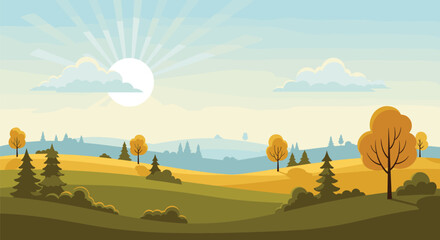 Obraz premium Autumn landscape with rolling hills, coniferous and deciduous trees, and a bright sun in the sky with clouds.