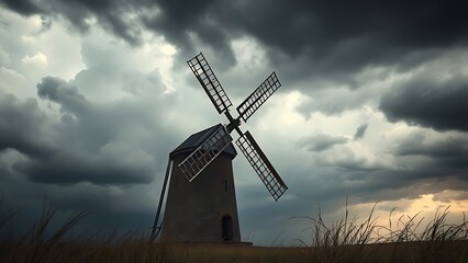 Obraz premium anemometer. Damaged windmill with broken sails turning against a stormy sky, resilience theme. ESG reports, sustainability campaigns, designed for environmental awareness campaigns.