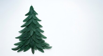 Christmas tree shape created from layered green feathers against a clean white background, minimalist holiday concept.