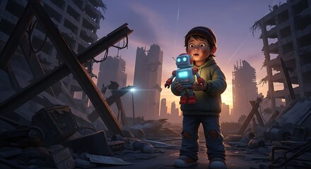 A young boy stands amidst the ruins of a destroyed city, holding a glowing robot toy, a symbol of hope and resilience in a post-apocalyptic world.