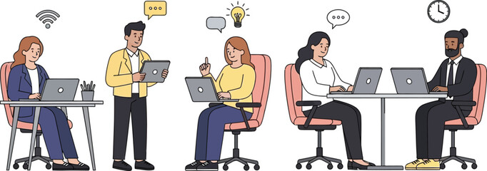 Team of professionals collaborating on a project using laptops