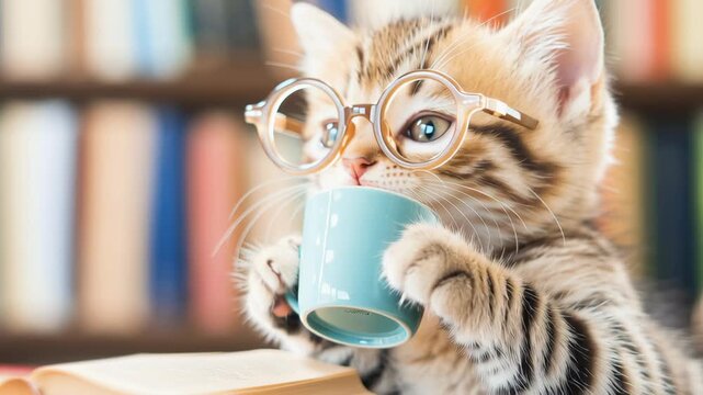 Literary Cat's Moment: An adorable kitten, adorned with spectacles, savors a warm beverage against the backdrop of a literary haven.