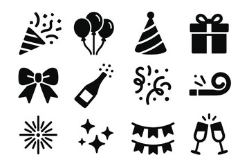 Celebration Icon Set. Solid style icons of celebration: confetti popper, balloon bunch, party hat, gift box, ribbon bow, champagne