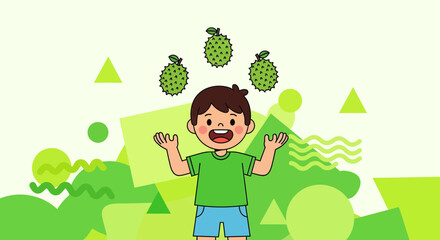 Joyful Boy Balancing Durian Fruit Using His Hands Within A Vibrant Green Backdrop