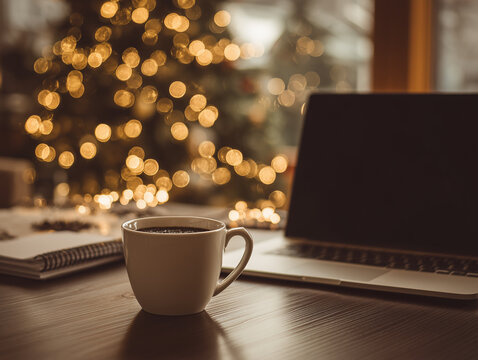 Warm cup of coffee placed on wooden table beside laptop and notebook, with blurred Christmas tree lights in the background, creating a cozy and inviting workspace atmosphere
