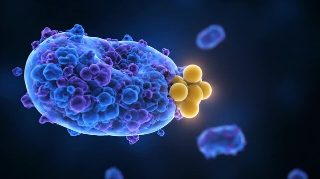 A detailed 3D rendering of a biological cell with features
