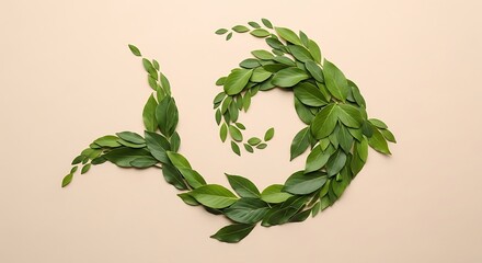 Green leaves arranged in a spiral shape resembling a fish on a beige background, creating a natural and artistic composition.