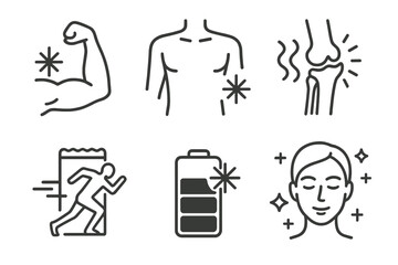 Cryotherapy Wellness Icons. Line style icons of cryotherapy for wellness: muscle recovery icon, inflammation reduction, joint pain