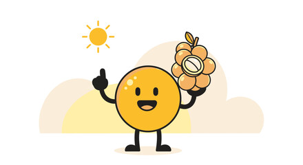 Joyful Cartoon Character Presenting Fruit, Sunlit Scene Depicting Health and Wellbeing