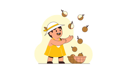 Joyful Child Juggling Exotically Delicious Longan Fruits in a Pleasant Summer Scene