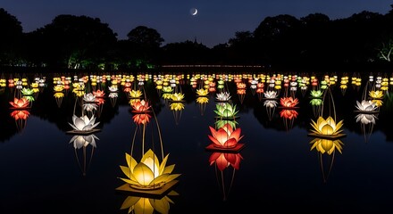 Illuminated lotus lanterns float on a dark lake at night, reflecting in the water under a crescent moon.