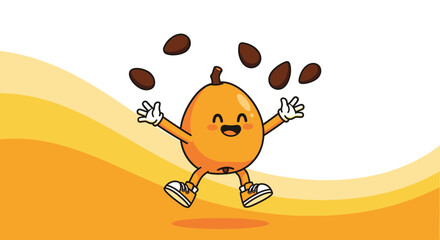 Joyful Cartoon Fruit Character Juggling Seeds with Playful Expression and Energetic Movement