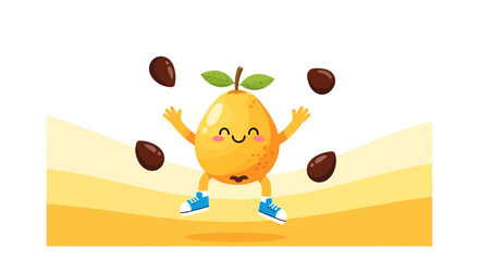 Joyful Cartoon Fruit Character Juggling Seeds Against Simple, Cheerful, Yellow Background