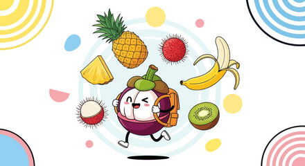 Joyful Cartoon Mangosteen Character with Assorted Tropical Fruits on White Background