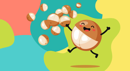 Joyful Cartoon Lychee Character Jumping in a Bright and Playful Background Scene