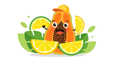 Joyful Cartoon Papaya Character with Citrus Fruits in a Playful and Colorful Composition