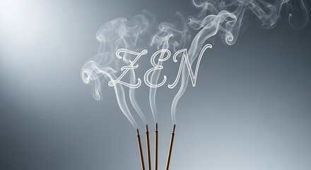 Three incense sticks burning, creating smoke that forms the word "ZEN" in a stylized script against a gradient gray background.