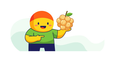 Joyful Character Presenting Fruit: A Cheerful, Animated Illustration of a Longan Harvest