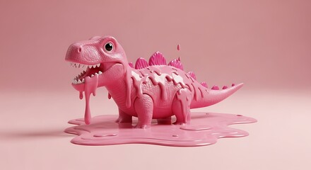 A pink dinosaur toy stands in a puddle of pink liquid, with more liquid dripping from its mouth and back.