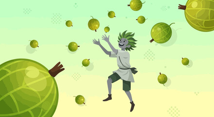 Joyful Character Surrounded By Whimsical Gooseberries In A Playful, Colorful Scene
